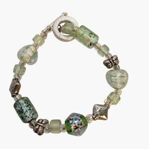 Green Heart Bracelet Butterfly Crystal Glass Bead Valentine T Bar Clasp 7 inch